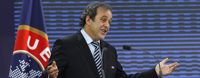 UEFA (European football union) President, French Michel Platini delivers a speech, on March 22, 2011 at the Grand Palais in Paris, during the 35th UEFA congress, which is due to elect this afternoon a new head. Platini who runs for a second term, is the only candidate,AFP PHOTO PATRICK KOVARIK (Photo credit should read PATRICK KOVARIK/AFP/Getty Images)