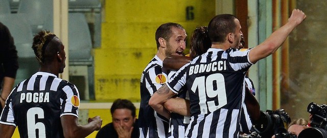 Juventus' midfielder Andrea Pirlo (not seen) celebrates with teammates after scoring a free kick during UEFA Europa League round of 16, second-leg football match Fiorentina vs Juventus at Artemio Franchi stadium in Florence on Marc 20, 2014. AFP PHOTO/ VINCENZO PINTO (Photo credit should read VINCENZO†PINTO/AFP/Getty Images)