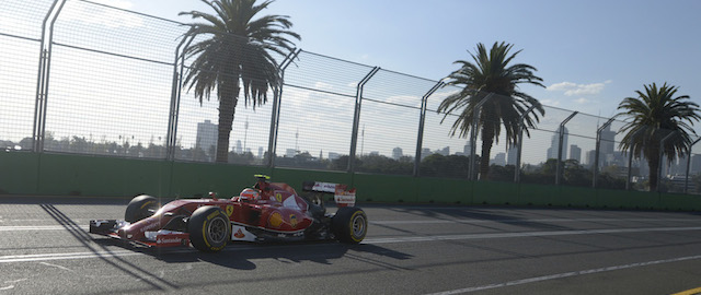 Ferrari driver Kimi Raikkonen of Finland controls his car on turn nine during the first practice session at Albert Park ahead of the Australian Formula One Grand Prix in Melbourne, Australia, Friday, March 14, 2014. (AP Photo/Ross Land)