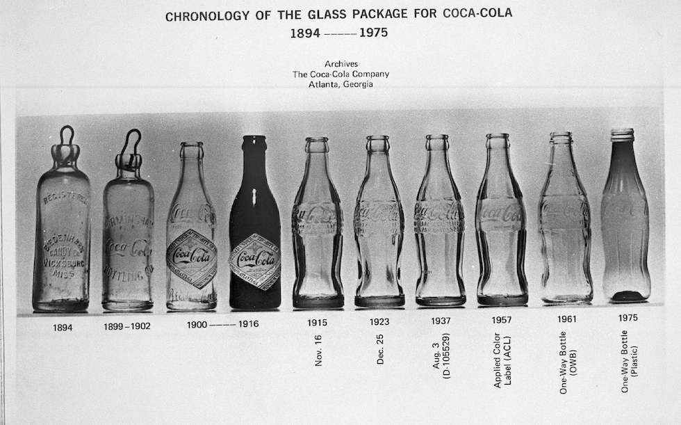 L'evoluzione delle bottiglie di Coca Cola dal 1894 a 1975. (AP Photo/Coca Cola)