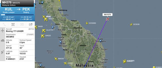This screengrab from flightradar24.com shows the last reported position of Malaysian Airlines flight MH370, Friday night March 7, 2014. The Boeing 777-200 carrying 239 people lost contact over the South China Sea on a flight from Kuala Lumpur to Beijing, and international aviation authorities still hadn't located the jetliner several hours later. (AP Photo/flightradar24.com)