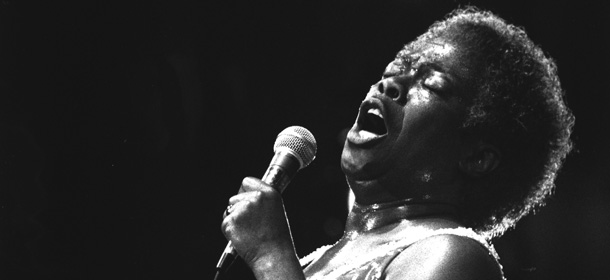 Sarah Vaughan sings at Carnegie Hall, Tuesday, July 1, 1980 in New York. A tradition now at the Newport Jazz Festival, Vaughan attracts as audience as diverse as New York can provide. (AP Photo/Carlos Rene Perez)