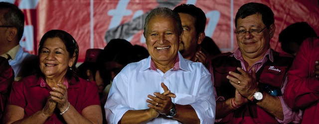 Salvadorean presidential candidate, Vice-President Salvador Sanchez Ceren, of the Farabundo Marti National Liberation Front (FMLN), celebrates after learning about the results of the election in San Salvador on February 2, 2014. Former leftist guerrilla Sanchez Ceren narrowly missed victory in El Salvador's presidency race on February 2, and will now face a run-off vote on March 9 with conservative rival, San Salvador mayor Norman Quijano, of the conservative Nationalist Republican Alliance (ARENA), according to official results. AFP PHOTO/ Jose CABEZAS (Photo credit should read JOSE CABEZAS/AFP/Getty Images)