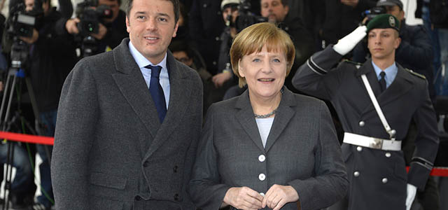 German chancellor Angela Merkel (R) greets Italian Prime Minister Matteo Renzi prior to talks at the chancellery in Berlin, on March 17, 2014 where Germa-Italian Cabinet talks take place. AFP PHOTO / ODD ANDERSEN (Photo credit should read ODD ANDERSEN/AFP/Getty Images)