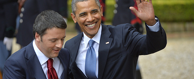 US President Barack Obama (R) is welcomed by Italian Prime Minister Matteo Renzi prior a meeting at the Villa Madama on March 27, 2014 in Rome. AFP PHOTO / ANDREAS SOLARO (Photo credit should read ANDREAS SOLARO/AFP/Getty Images)