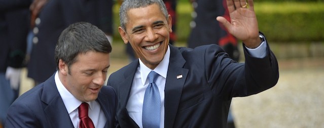US President Barack Obama (R) is welcomed by Italian Prime Minister Matteo Renzi prior a meeting at the Villa Madama on March 27, 2014 in Rome. AFP PHOTO / ANDREAS SOLARO (Photo credit should read ANDREAS SOLARO/AFP/Getty Images)