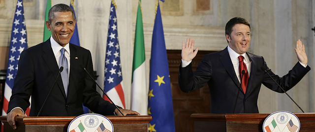 President Barack Obama and Italian Prime Minister Matteo Renzi smile during their joint news conference at Villa Madama in Rome, Thursday, March 27, 2014. Renzi reacted when Obama asked him about Italian media. (AP Photo/Pablo Martinez Monsivais)