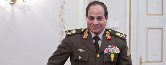 Egyptian army chief Abdel Fattah al-Sisi attends a meeting with Russian President Vladimir Putin in Novo-Ogaryovo, outside Moscow, on February 13, 2014. Abdel Fattah al-Sisi, who is likely Egypt's new president, arrived in Moscow to negotiate a $2-billion arms deal with Russia meant to replace subsiding assistance from old ally Washington. AFP PHOTO / POOL / MAXIM SHEMETOV (Photo credit should read MAXIM SHEMETOV/AFP/Getty Images)