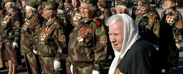 Female Red Army war veterans are participating on the Victory Day parade in Tiraspol, Transnistria, Moldova on Monday, May. 09, 2005. at a large Soviet style rememberence due to the 60st anniversary of the victory of the Red Army over the Nazism. After the civil war in 1992, the Russian-speaking Transniestria won its de facto autonomy from Moldova. They claimed to have an undependent state, but this Soviet style republic is unrecognised by the outside world.
(AP Photo / Bela Szandelszky)