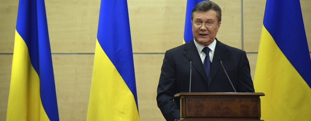 Deposed Ukrainian president Viktor Yanukovych attends his press-conference in southern Russian city of Rostov-on-Don, on March 11, 2014. Yanukovych said today that he remained Ukraine's legitimate president and commander-in-chief, saying he believed he would be able to return to Kiev soon.AFP PHOTO / ALEXANDER NEMENOV (Photo credit should read ALEXANDER NEMENOV/AFP/Getty Images)