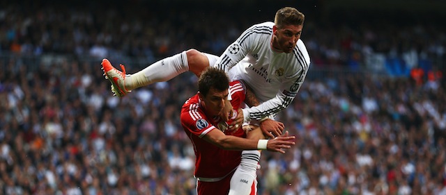 during the UEFA Champions League semi-final first leg match between Real Madrid and FC Bayern Muenchen at the Estadio Santiago Bernabeu on April 23, 2014 in Madrid, Spain.
