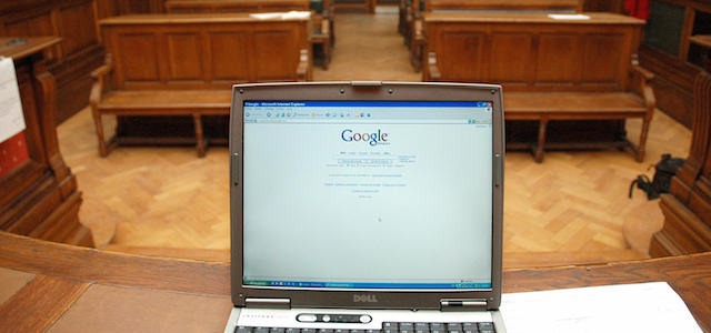 Brussels, BELGIUM: This picture taken 10 October 2006 shows a screen of a laptop opened on the Google internet page, at the Court House of Brussels. The court in Belgium found that Google, in re-publishing newspaper text and photograph content without the permission of the newspapers, was in breach of copyright. AFP PHOTO/BELGA PHOTO BENOIT VANZEVEREN (Photo credit should read BENOIT VANZEVEREN/AFP/Getty Images)