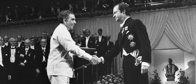 FILE - In this Dec. 8, 1982 file photo, Gabriel Garcia Marquez receives the literature award from King Carl Gustaf at the Concert Hall in Stockholm, Sweden. Marquez died Thursday April 17, 2014 at his home in Mexico City. (AP Photo/Bjorn Elgstrand, Pool, File)