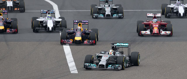 Mercedes driver Lewis Hamilton of Britain leads the race at the start of the Chinese Formula One Grand Prix at Shanghai International Circuit in Shanghai, China, Sunday, April 20, 2014. (AP Photo/Andy Wong)