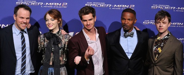 Da sinistra, il regista Marc Webb e gli attori Emma Stone, Andrew Garfield, Jamie Foxx e Dane Dehaan
(TIZIANA FABI/AFP/Getty Images)