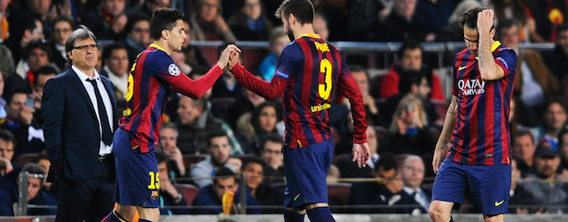 during the UEFA Champions League Quarter Final first leg match between FC Barcelona and Club Atletico de Madrid at Camp Nou on April 1, 2014 in Barcelona, Spain.