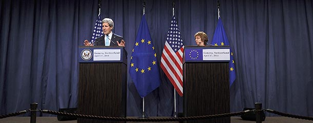 GENEVA, SWITZERLAND - APRIL 17: US Secretary of State John Kerry and EU Foreign Policy Chief Catherine Ashton speak during a press conference at the Intercontinental hotel on April 17, 2014 in Geneva, Switzerland. Leaders from EU, US, Ukraine and Russia are meeting today in Geneva to deescalate the crisis in Ukraine and to find a political solution. (Photo by Harold Cunningham/Getty Images)