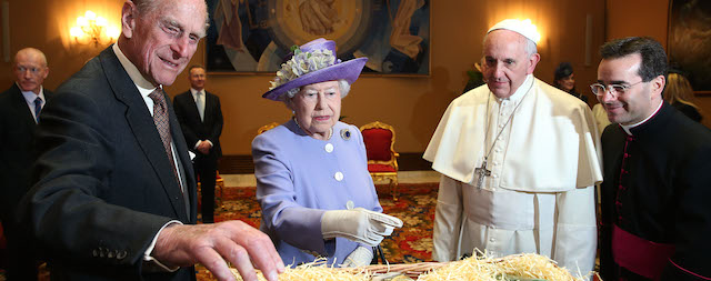 Queen Elizabeth II and Prince Philip, Duke of Edinburgh, have an audience with Pope Francis, in the Pope's study during their one-day visit to Rome on April 3, 2014 in Vatican City, Vatican. During their brief visit The Queen and the Duke of Edinburgh will have lunch with Italian President Giorgio Napolitano and an audience with Pope Francis at the Vatican. The Queen was originally due to travel to Rome in April 2013 but the visit was postponed due to her ill health. The audience with Pope Francis will be the fifth meeting The Queen, who is head of the Church of the England, has held with a Pope in the Vatican. *** Local Caption *** Queen Elizabeth II; Prince Philip; Duke of Edinburgh; Pope Francis