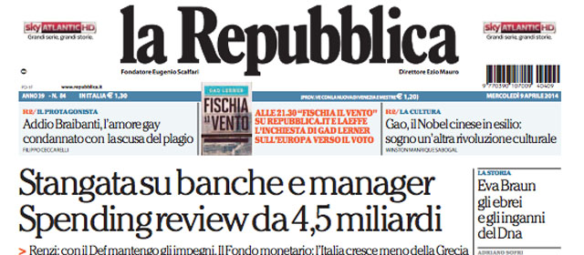 Le prime pagine di mercoledì 9 aprile 2014