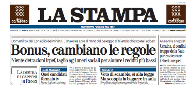 Le prime pagine di giovedì 17 aprile 2014