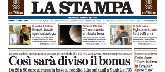 Le prime pagine di venerdì 18 aprile 2014