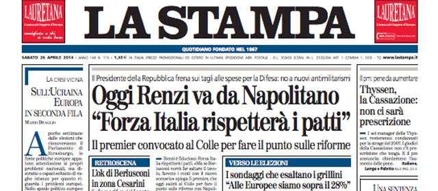Le prime pagine di sabato 26 aprile 2014
