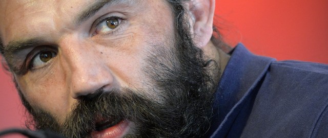 Lyon's rugby union French flanker Sebastien Chabal gives a press conference, on May 5, 2014, in Lyon, to announce he will retire from the sport on May 11, 2014. The 36-year-old Chabal won 62 caps for France as a powerhouse lock and back row forward, and his last act will come on May 11 when he turns out a final time for Lyon, his current club which he has helped seal promotion from the ProD2 to the Top 14. AFP PHOTO / JEAN-PHILIPPE KSIAZEK (Photo credit should read JEAN-PHILIPPE KSIAZEK/AFP/Getty Images)