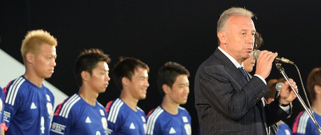 Japan national football team's head coach Alberto Zaccheroni (C) delivers a speech during the team's send-off event for the World Cup Brazil 2014 in Tokyo on May 25, 2014. Japan Football Association (JFA) president Kuniya Daini told a place in the World Cup quarter-finals should be their minimum target as the players sparked the sort of reaction normally reserved for rock stars in a rousing send-off for Brazil. AFP PHOTO / TOSHIFUMI KITAMURA (Photo credit should read TOSHIFUMI KITAMURA/AFP/Getty Images)