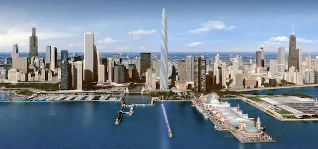 An artists rendering released by Shelbourne Development Ltd. of Dublin, shows a 2,000-foot twisting spire that would be the tallest building in North America if Spanish-born architect Santiago Calatrava's plan comes to fruition. The Chicago Plan Commission, which advises the Chicago's City Council, recommended approval of the 150-story tower Thursday, April 19, 2007, which experts have estimated would cost $1.5 billion to $2 billion. If the project wins approval of the full City Council, construction would begin this spring, according to Shelbourne. (AP Photo/Shelbourne Development Ltd.) **NO SALES**