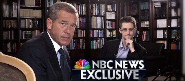This image taken from video provided by NBC News on Tuesday, May 27, 2014 shows Edward Snowden, right, a former National Security Agency (NSA) contractor and NBC News anchor Brian Williams during an NBC Exclusive interview. Snowden told Williams that he worked undercover and overseas for the CIA and the NSA. (AP Photo/NBC News)