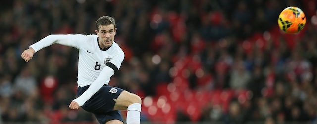 England's Jordan Henderson takes a shot at goal during the international friendly soccer match between England and Denmark at Wembley stadium in London Wednesday, March 5, 2014. (AP Photo/Alastair Grant)
