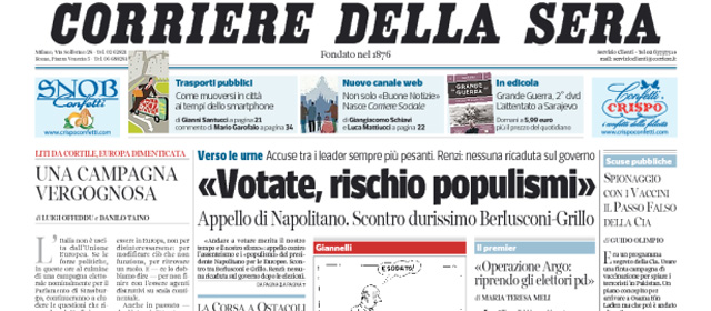 Le prime pagine di mercoledì 21 maggio 2014