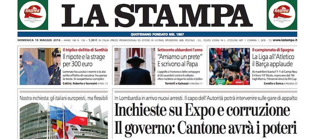 Le prime pagine di domenica 18 maggio 2014