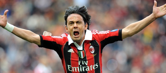 Filippo Inzaghi celebrates scoring during the Italian Serie A football match between AC Milan vs Novara on May 13, 2012 in Milan. Filippo Inzaghi, Gennaro Gattuso and Alessandro Nesta end their AC Milan careers against Novara on Sunday as the end of an era is all but completed at the San Siro. AFP PHOTO / ALBERTO LINGRIA
