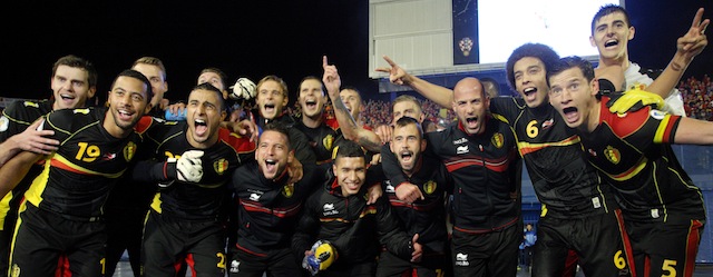 Belgium's players celebrate their victory in the 2014 FIFA World Cup Group A qualifying football match between Croatia and Belgium at the Maksimir stadium in Zagreb, Croatia, October 11 ,2013. AFP PHOTO/STRINGER (Photo credit should read STR/AFP/Getty Images)