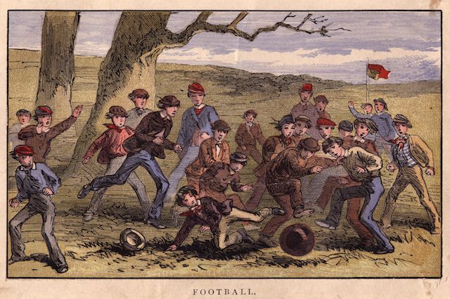 circa 1850: Boys playing an informal game of football. (Photo by Rischgitz/Getty Images)