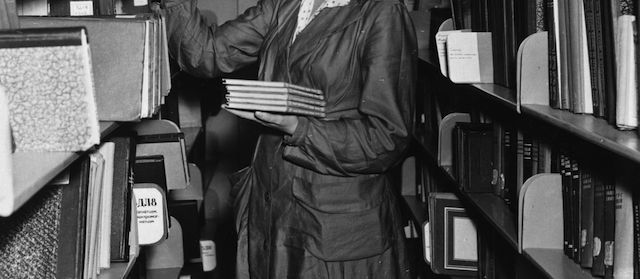 March 1955: Librarian L D Shevchenko of Moscow University's scientific library named after A M Gorky. Founded in 1756, the library is one of the oldest and biggest in the Soviet Union. (Photo by V. Sobolyev/Keystone/Getty Images)