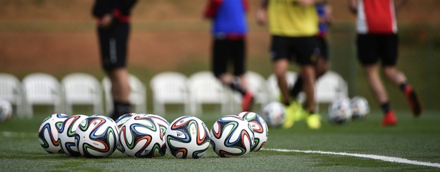Brazuca balls are pictured during Belgium's training session at the 2014 FIFA World Cup in Mogi das Cruzes on June 23, 2014. AFP PHOTO MARTIN BUREAU