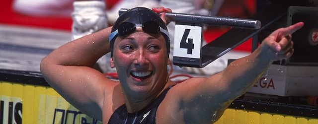 15 Aug 2000: Amy Van Dyken gets into a celebratory mode after the Women's 50 meter Freestyle Finals during the U.S. Olympic Swim Trials at the Indianapolis University Natatorium in Indianapolis, Indiana.Mandatory Credit: Al Bello /Allsport