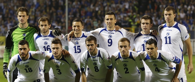 FILE- In this Oct. 11, 2013 file photo, Bosnia soccer team poses prior to the start the World Cup Group G qualifying soccer match between Bosnia and Liechtenstein at Stadium Bilino Polje in Zenica, Bosnia. Background from left: Asmir Begovic, Senad Lulic, Sead Salihovic, Vedad Ibisevic, Zvjezdan Misimovic and Edin Dzeko. Foreground from left: Haris Medunjanin, Ermin Bicakcic, Miralem Pjanic, Avdija Vrsajevic and Emir Spahic. (AP Photo/Amel Emric, File) - SEE FURTHER WORLD CUP CONTENT AT APIMAGES.COM