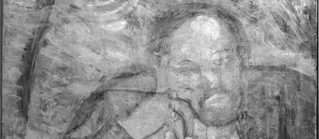 This undated handout image provided by The Phillips Collection shows an infrared image of Pablo Picasso’s "The Blue Room," painted in 1901. Scientists and art experts have found a hidden painting beneath the painting. Advances in infrared imagery reveal a bow-tied man with his face resting on his hand, with three rings on his fingers. Now the question that conservators at The Phillips Collection in Washington hope to answer is simply: Who is he? It’s a mystery that’s fueling new research about the 1901 painting created early in Picasso’s career while he was working in Paris at the start of his distinctive blue period of melancholy subjects. (AP Photo/The Phillips Collection)