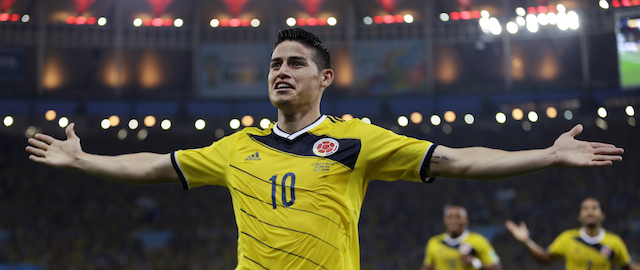 Colombia's James Rodriguez celebrates after scoring the opening goal during the World Cup round of 16 soccer match between Colombia and Uruguay at the Maracana Stadium in Rio de Janeiro, Brazil, Saturday, June 28, 2014. (AP Photo/Natacha Pisarenko)