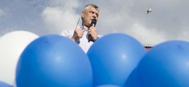 Kosovo Prime Minister and leader of the Democratic Party of Kosovo (PDK) Hashim Thaci talks during an electoral campaign rally in the town of Ferizaj on June 3, 2014. Hashim Thaci, a former guerilla leader who led Kosovo to independence from Serbia, faces a major test on June 8 in an election that could keep him in power or resign him to political oblivion. AFP PHOTO / ARMEND NIMANI (Photo credit should read ARMEND NIMANI/AFP/Getty Images)