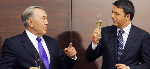 Kazakh President Nursultan Nazarbayev (L) and Italian Prime Minister Matteo Renzi toast during their meeting in Burabai outside Almaty on June 12, 2014. AFP PHOTO / ILYAS OMAROV (Photo credit should read ILYAS OMAROV/AFP/Getty Images)