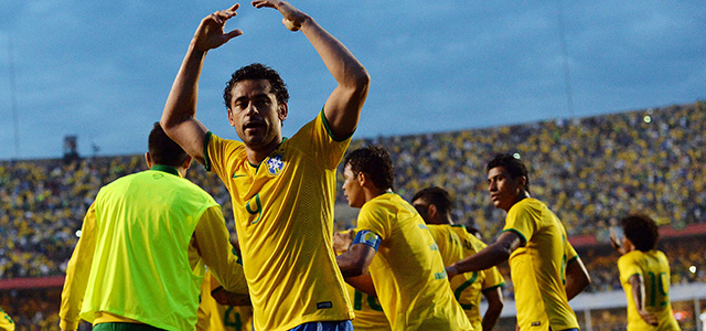 Brazils Fred celebrates after scoring against Serbia during a friendly match in preparation for FIFA World Cup Brazil 2014, at Morumbi stadium in Sao Paulo, Brazil, on June 06, 2014. AFP PHOTO / Nelson ALMEIDA (Photo credit should read NELSON ALMEIDA/AFP/Getty Images)