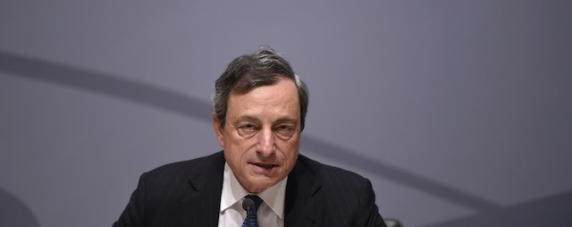 European Central Bank president (ECB) Mario Draghi gives a press conference following ECB's governing council on May 8, 2014 in Brussels. European Central Bank president Mario Draghi gave the strongest hint possible of an imminent cut in eurozone interest rates next month. AFP PHOTO/JOHN THYS (Photo credit should read JOHN THYS/AFP/Getty Images)