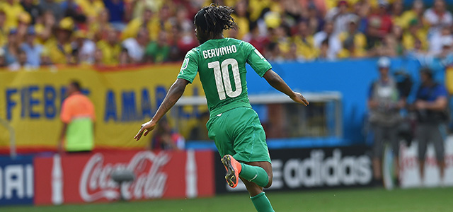 Ivory Coast's forward Gervinho celebrates after scoring a goal during the Group C football match between Colombia and Ivory Coast at the Mane Garrincha National Stadium in Brasilia during the 2014 FIFA World Cup on June 19, 2014. AFP PHOTO / PEDRO UGARTE