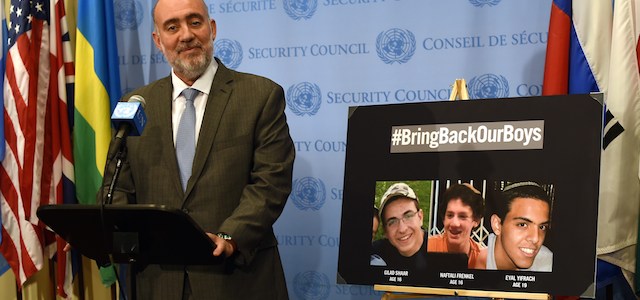 Israel's UN ambassador Ron Prosor talks to the press at the United Nations June 17, 2014 talks about the three kidnapped Israeli teenagers who went missing in the West Bank and "BringBackOurBoys", a social media campaign. AFP PHOTO / Timothy A. CLARY (Photo credit should read TIMOTHY A. CLARY/AFP/Getty Images)