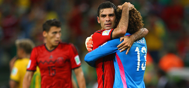 FORTALEZA, BRAZIL - JUNE 17: Rafael Marquez (C) and Guillermo Ochoa of Mexico react after their 0-0 draw with Brazil during the 2014 FIFA World Cup Brazil Group A match between Brazil and Mexico at Castelao on June 17, 2014 in Fortaleza, Brazil. (Photo by Michael Steele/Getty Images)