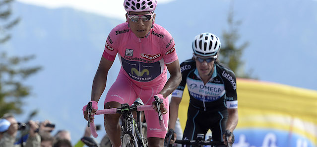 Colombia's Nairo Quintana leads fellow-countryman Rigoberto Uran during the 20th stage of the Giro d'Italia, Tour of Italy cycling race, from Maniago to Monte Zoncolan, Italy, Saturday, May 31, 2014. Nairo Quintana virtually clinched the Giro d'Italia title Saturday with a strong ride up the demanding Monte Zoncolan, while Michael Rogers benefited from a fan interruption to post his second stage victory of the race. (AP Photo/Fabio Ferrari)